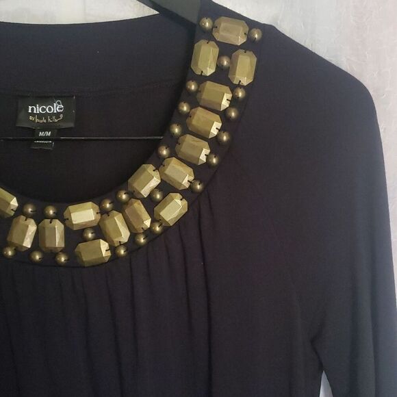 Nicole Miller Shirt Top Size M Black 3/4 Sleeve Layered Front Gold Embellishment - Picture 7 of 13